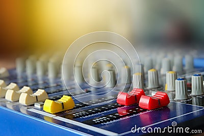 Sound music mixer control panel.red buttons equipment control Stock Photo