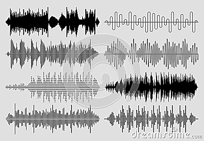 Sound music waves vector set. Musical pulse or audio charts Vector Illustration