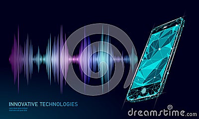 Sound recognition voice assistant low poly smartphone. Wireframe mesh polygonal 3D render sound innovative technology Vector Illustration