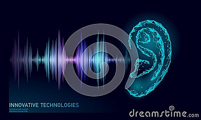 Sound recognition voice assistant low poly. Wireframe mesh polygonal 3D render ear sound radio wave innovative Vector Illustration