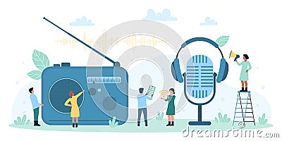 Sound recording with studio equipment, tiny people record and listen to music, news show Vector Illustration