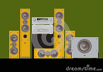Sound shop. Quality components for quality sound. Acoustic system, amplifier, receiver, subwoofer, home theatre. Vector Illustration