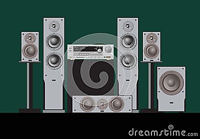 Sound shop. Quality components for quality sound. Acoustic system, amplifier, receiver, subwoofer, home theatre. Vector Illustration