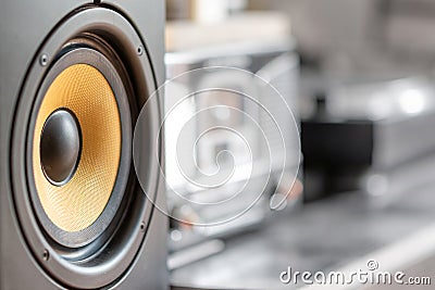 Sound Speaker. Loud Music Volume Concept Background. Professional studio equipment subwoofer close-up Stock Photo