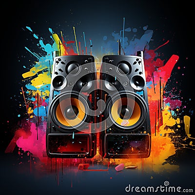 Sound speakers banner. Loud modern dance music. Cartoon Illustration