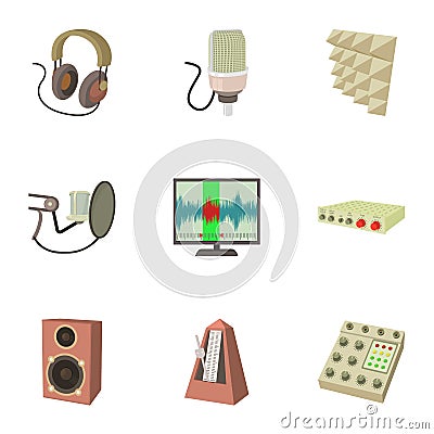 Sound studio electronics icons set, cartoon style Vector Illustration