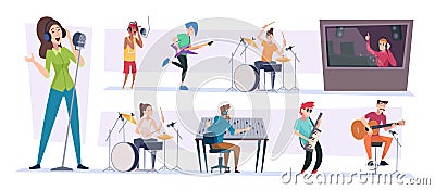 Sound studio. Music production room with singers exact vector illustration in cartoon style Vector Illustration