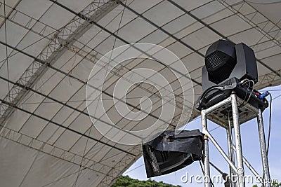 Sound system in outdoor pavilion. Open air event equipment. Summer outdoor music festival preparation. Stock Photo