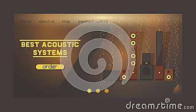 Sound system vector web landing page audio acoustic equipment stereo technology for playback dj music sound-record with Vector Illustration