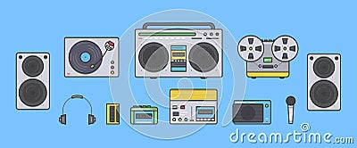 Sound systems retro collection. Portable player, headphones, cassette player, stereo system, speakers, record player Vector Illustration