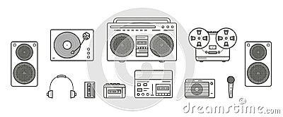 Sound systems retro collection. Portable player, headphones, cassette player, stereo system, speakers, record player Vector Illustration