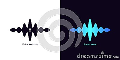 Sound wave shape with microphone for virtual voice assistant. Abstract audio wave, voice command control, waveform Vector Illustration
