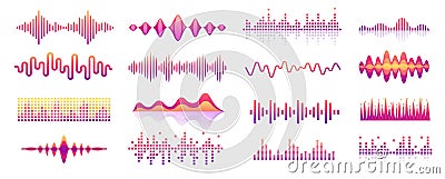 Sound waves. Audio music rhythm wave pulse, voice signal level bar, song waveform graphic icons. Vector volume noise Vector Illustration