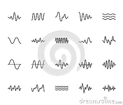 Sound waves flat line icons set. Vibration, soundwave, audio voice signal, abstract waveform frequency vector Vector Illustration