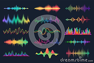 Sound waves. Frequency audio waveform, music wave HUD interface elements, voice graph signal. Vector audio wave set Vector Illustration