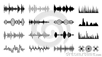 Sound waves set. Black digital radio musical wave. Audio soundtrack shapes. Player pulse forms isolated vector set Vector Illustration