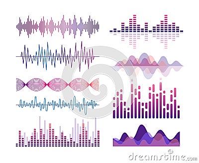 Sound waves vector color illustrations set. Audio effects visualization. Music player equalizer. Song, voice vibration Vector Illustration