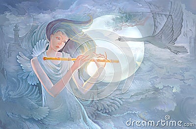 Sounds of music. Oil painting on canvas. Portrait of a beautiful girl playing the flute in front of fury of the elements. Fantasy Cartoon Illustration