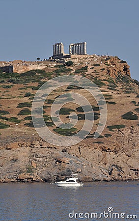 Sounion temple and a boat Stock Photo