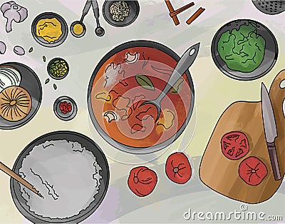 Hand drawn soup with ingridients Vector Illustration