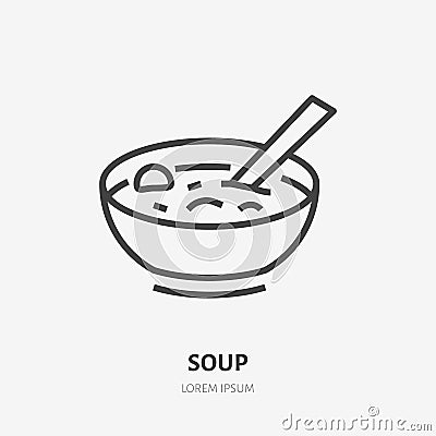 Soup bowl with spoon flat line icon. Vector thin sign, illustration of lunch for restaurant menu Vector Illustration