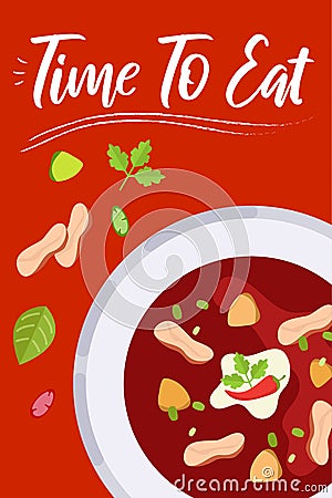 Soup on bright background in flat design style. Doodle elements. Flat food Cartoon Illustration