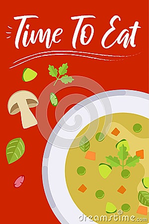Soup on bright background in flat design style. Doodle elements. Flat food Cartoon Illustration