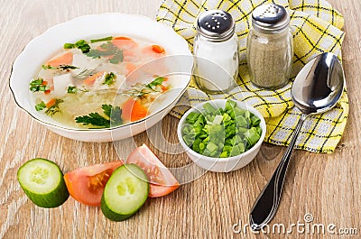 Soup with chicken meat and vegetables, cucumbers, tomato, salt, Stock Photo