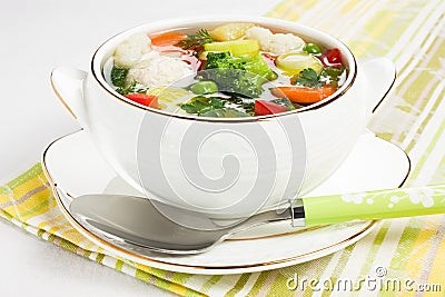 Soup with chicken meatballs and fresh vegetable Stock Photo