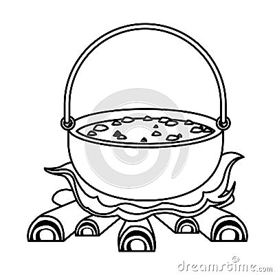 Soup cooking in bonfire camping food in black and white Vector Illustration