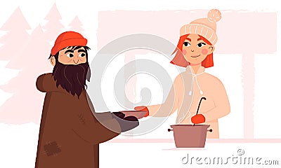 Soup kitchen charity event during winter. Young female volunteer serves hot food to a homeless man. Acts of kindness. Vector Illustration