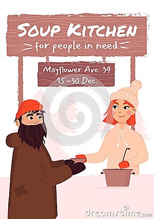 Soup kitchen charity vertical poster template. Advent and winter charity. Non profit event announcement banner. Vector Illustration