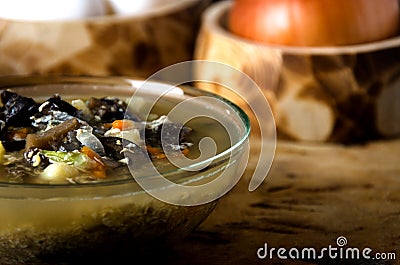 Soup mushrooms glass bowl rustic Stock Photo
