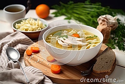 Delicious and healthy chicken noodle soup on a rustic table Stock Photo