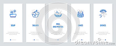 Soup, Salads, Pies, Cakes, Dishes Vertical Cards with strong metaphors. Vector Illustration