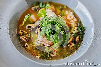 Soup seefood with shitake and onion and gyoza Stock Photo