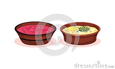 Soups Served in Ceramic Bowl and Garnished with Potherb Vector Set Vector Illustration