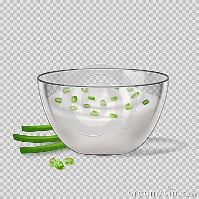 Sour cream sauce and green onion flavor, in glass transparent bowl, tartar, yogurt, mayonnaise. Vector Illustration