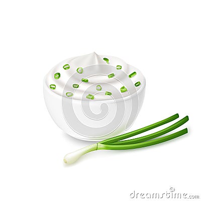 Sour cream sauce and green onion flavored, in white bowl, tartar, yogurt, mayonnaise. Vector Illustration