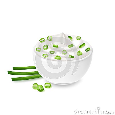 Sour cream sauce and green onion flavored, in white bowl, tartar, yogurt, mayonnaise. Vector Illustration