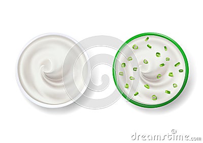 Sour cream sauce in white and green bowl, tartar, green onion and sour cream flavor, mayonnaise. Vector Illustration