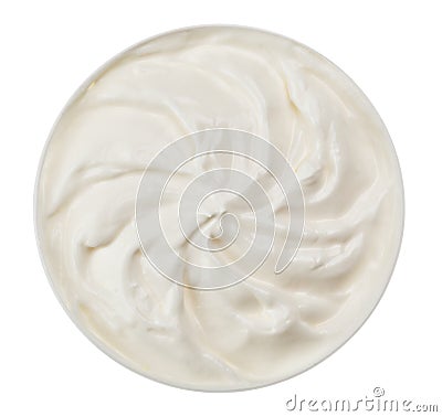 Sour cream in small round plate Stock Photo