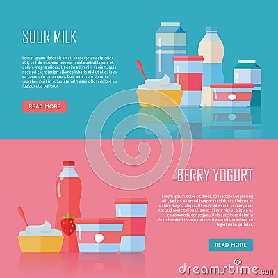 Sour Milk and Berry Yogurt Conceptual Banners. Vector Illustration