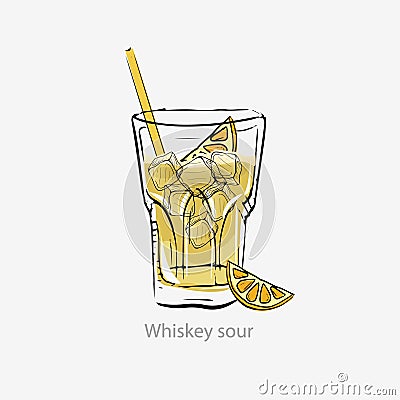 Sour whiskey cocktail. Yellow cocktail ice cubes, orange slice straw. Vector Illustration