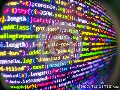 Source abstract algorithm concept. Template of website, selective focus. Binary and source code malware background. Abstract Stock Photo