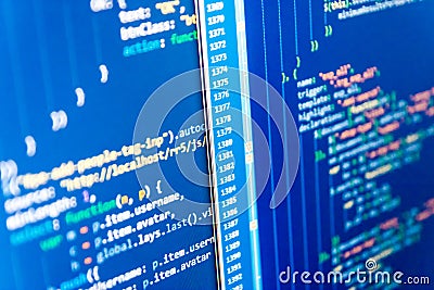 Source code close-up. Software abstract background. Technology background. Script procedure creating. Stock Photo