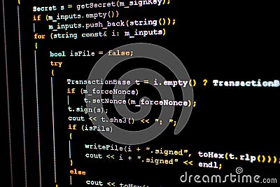 Source code of Ethereum, cryptocurrency and decentralized system Editorial Stock Photo