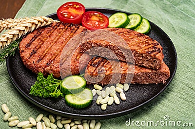 Source of fibre plant based vegan soya protein grilled burgers, meat free healthy food Stock Photo