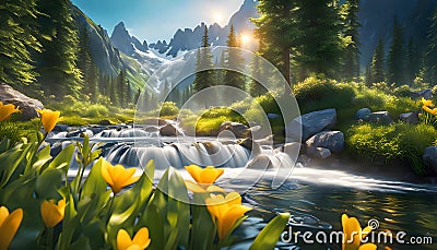 source of pure spring water from mountain peaks, sunny early morning, pure spring water, beautiful landscape with mountains, Cartoon Illustration