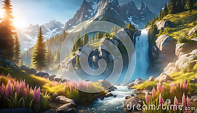 source of pure spring water from mountain peaks, sunny early morning, pure spring water, beautiful landscape with mountains, Cartoon Illustration